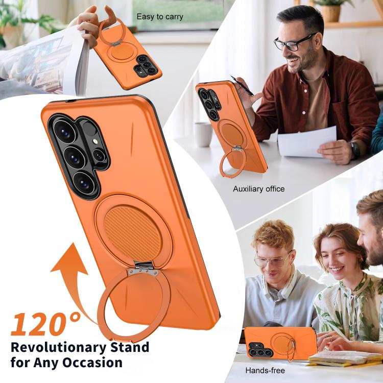 For Samsung Galaxy S26 Ultra 5G Metal Rotation Holder MagSafe TPU Hybrid PC Phone Case(Orange)