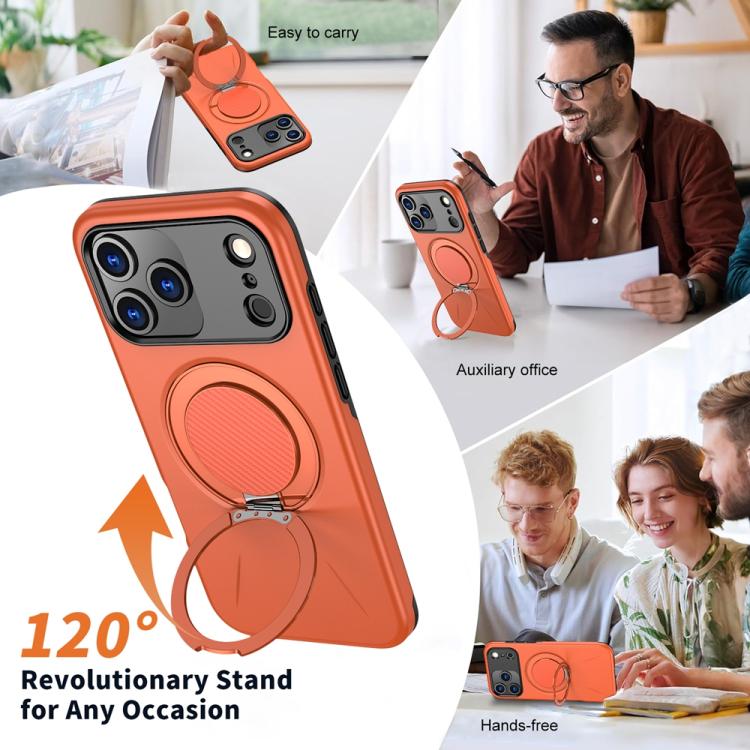 For iPhone 17 Pro Max Metal Rotation Holder MagSafe TPU Hybrid PC Phone Case(Orange) - 6