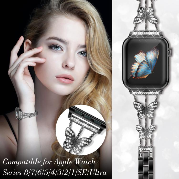 For Apple Watch 42 / 44 / 45 / 46 / 49mm xDfind Butterfly-shaped Diamond Metal Watch Band(Black)