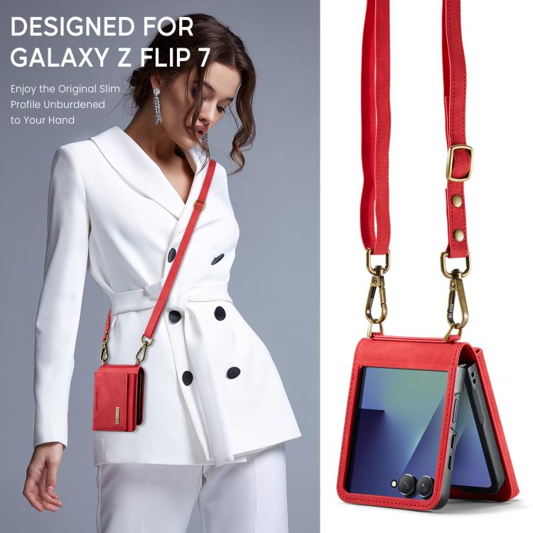 For Samsung Galaxy Z Flip7 5G DG.MING M2 Series 3-Fold Multi Card Bag hybrid Magnetic Phone Case with Long Lanyard(Red)