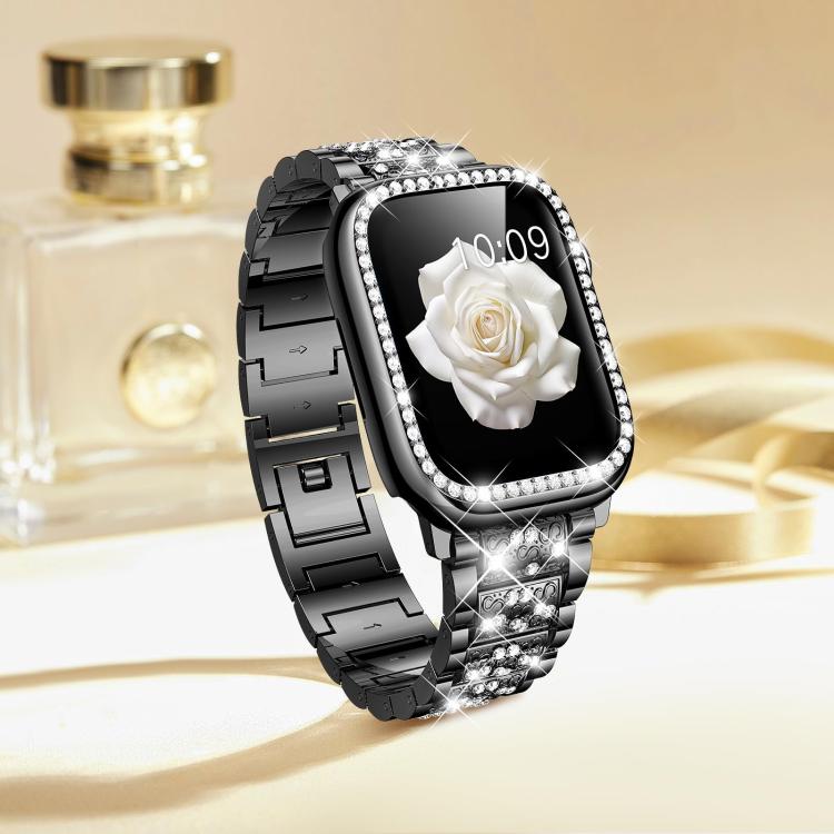 For Apple Watch Series 10 46mm xDfind Diamond Jewelry Metal Watch Band with Case(Black)