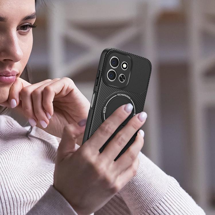 For Redmi 15C 5G / 4G EU 173mm Carbon Fiber Texture MagSafe Phone Case with Holder(Black)