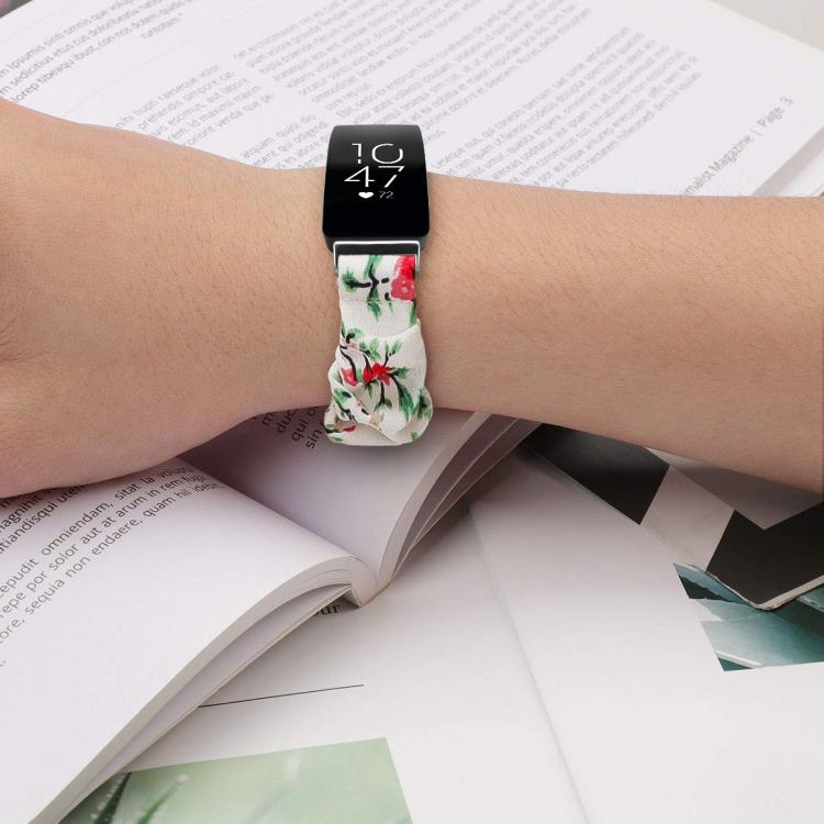 xDfind Polyester Elastic Wreath Watch Band For Fitbit Inspire, Size:S(White Background Red Flowers)