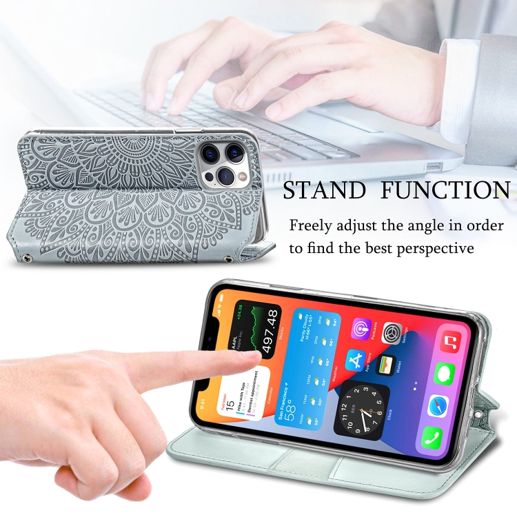 For iPhone 12 / 12 Pro Blooming Mandala Embossed Pattern Magnetic Horizontal Flip Leather Case with Holder & Card Slots & Wallet(Grey) For iPhone 12 / 12 Pro Blooming Mandala Embossed Pattern Magnetic Horizontal Flip Leather Case with Holder & Card Slots & Wallet(Grey)