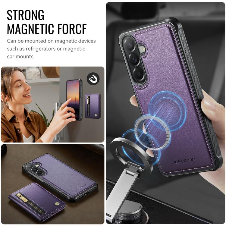 For Samsung Galaxy A57 5G JEEHOOD J12 Exquisite RFID MagSafe Zipper Card Bag Phone Case(Purple)