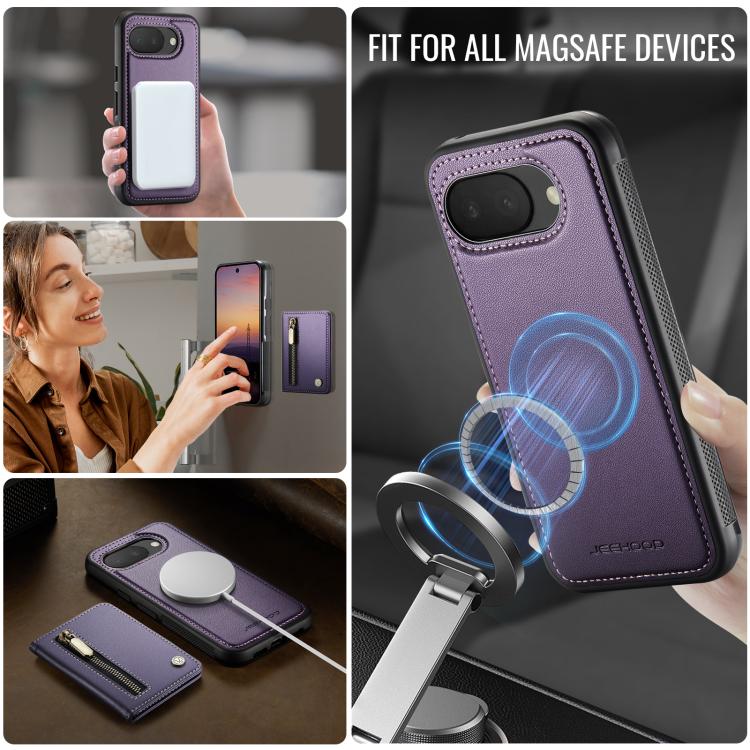 For Google Pixel 10a JEEHOOD J12 Exquisite RFID MagSafe Zipper Card Bag Phone Case(Purple)