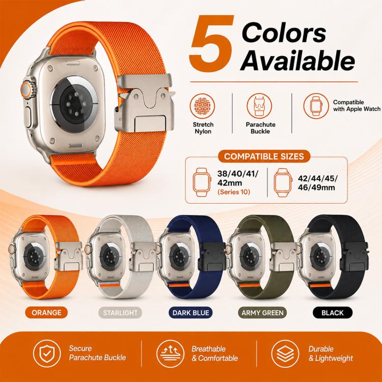 For Apple Watch 42 / 44 / 45 / 46 / 49mm 5 Pack xDfind Parachute Buckle Stretch Nylon Watch Band - B1