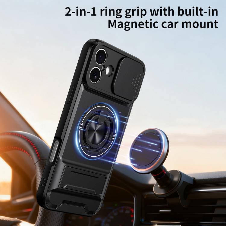 For iPhone 16 Plus Lens Sliding Window Multifunctional Magnetic Shockproof Phone Case(Red)