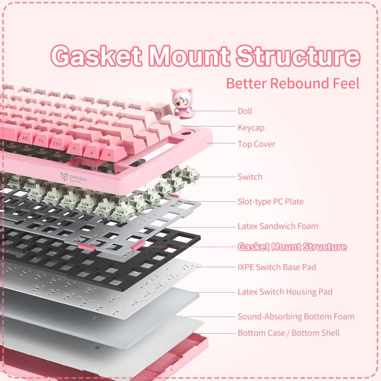 ONIKUMA MT707 82 Keys RGB Tri-mode Mechanical Gaming Keyboard(Pink) - 5