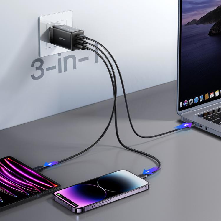 JOYROOM JR-TG10 65W GaN Dual Type-C, USB 3-Port Charger with Type-C to 8 Pin Cable, Plug:EU Plug(White) - B3