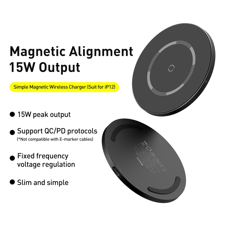 Baseus WXJK-E01 Simple 15W QI Standard Magnetic Wireless Fast Charging Charger for iPhone 12 Series / AirPods Pro(Black) - 5