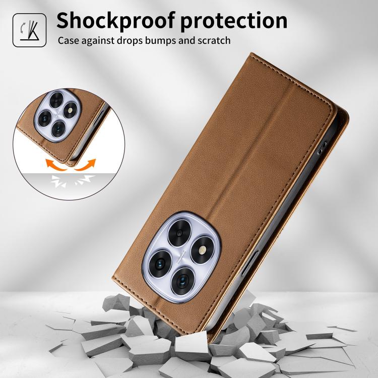 For Redmi Note 14 Pro 4G Stitched Line Magnetic RFID Vegan Leather Phone Case(Brown)