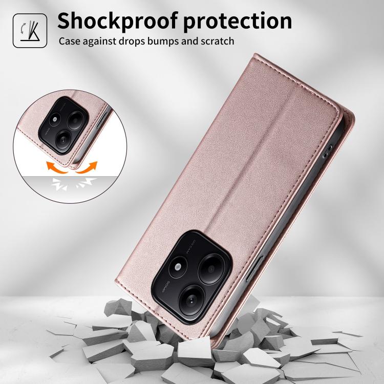 For Redmi Note 14 5G Stitched Line Magnetic RFID Vegan Leather Phone Case(Pink)
