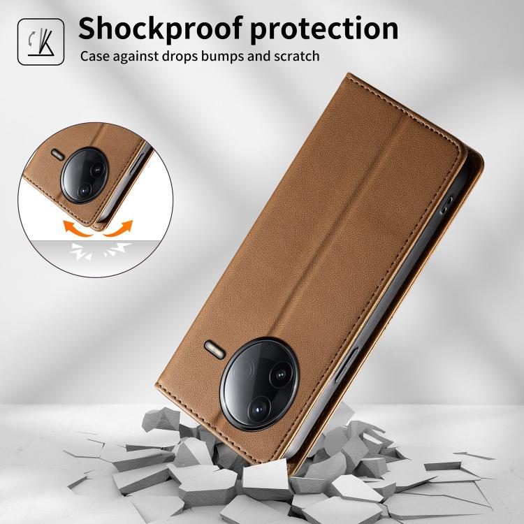 For Redmi K80 / K80 Pro / Poco F7 Pro Stitched Line Magnetic RFID Vegan Leather Phone Case(Brown)