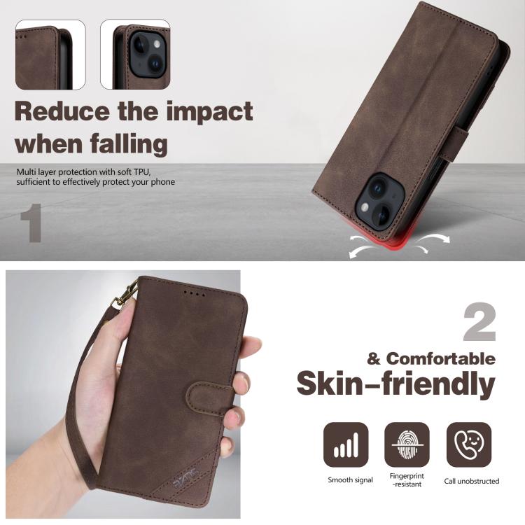 For iPhone 14 Plus AZNS A2 Series Tri-Card Wallet RFID Vegan Leather Phone Case with Strap(Brown)