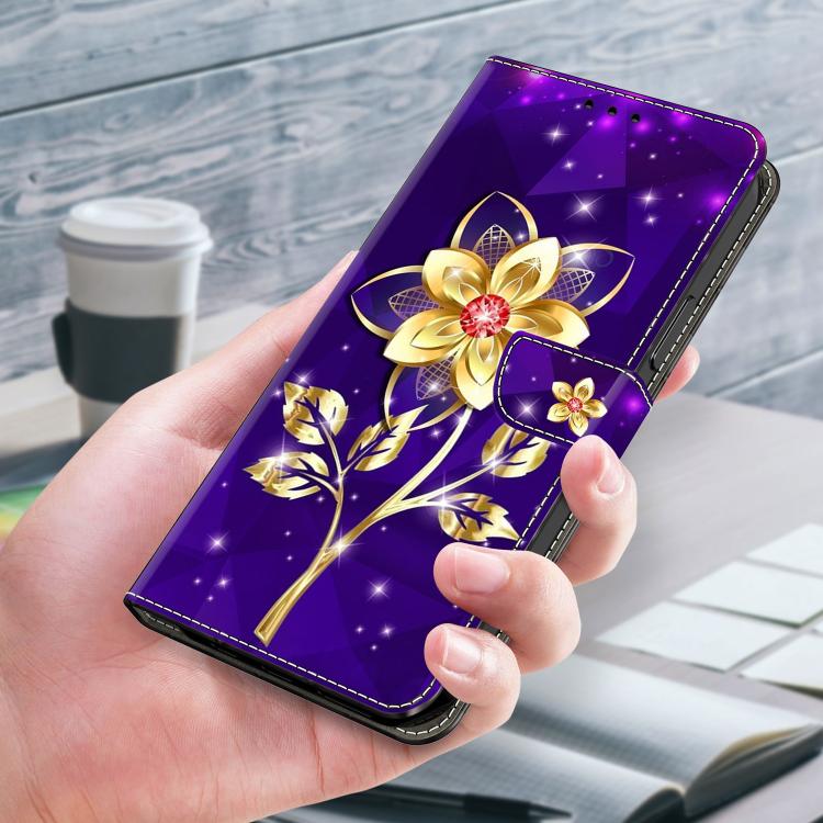For Samsung Galaxy S24 Ultra 5G Crystal-Like Painted Vegan Leather Phone Case(Gold Flower On Purple)