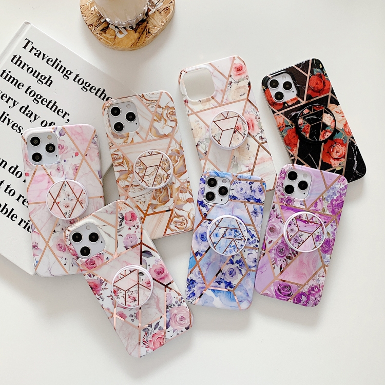 Electroplating Stitching Pattern Soft TPU Protective Case With Folding Holder For iPhone 11(Stitching Blue Flowers) Electroplating Stitching Pattern Soft TPU Protective Case With Folding Holder For iPhone 11(Stitching Blue Flowers)
