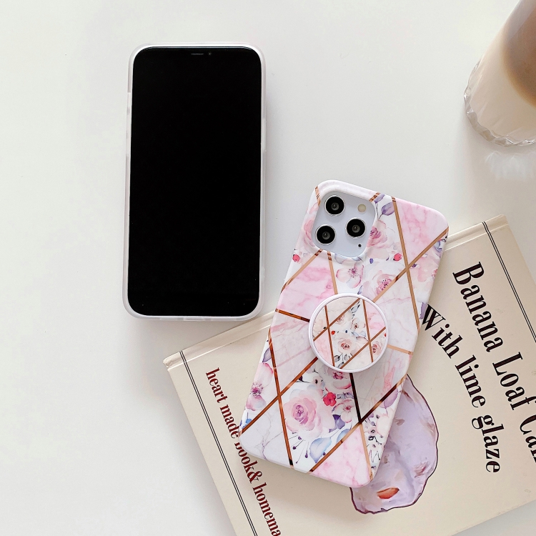 Electroplating Stitching Pattern Soft TPU Protective Case With Folding Holder For iPhone 11(Stitching Blue Flowers) Electroplating Stitching Pattern Soft TPU Protective Case With Folding Holder For iPhone 11(Stitching Blue Flowers)