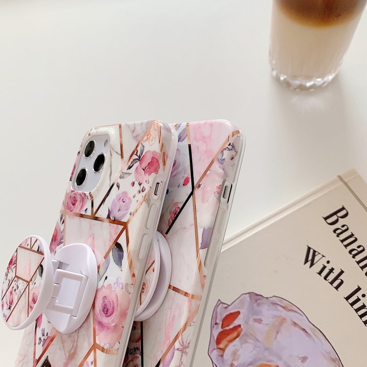 Electroplating Stitching Pattern Soft TPU Protective Case With Folding Holder For iPhone 11(Stitching Blue Flowers) Electroplating Stitching Pattern Soft TPU Protective Case With Folding Holder For iPhone 11(Stitching Blue Flowers)
