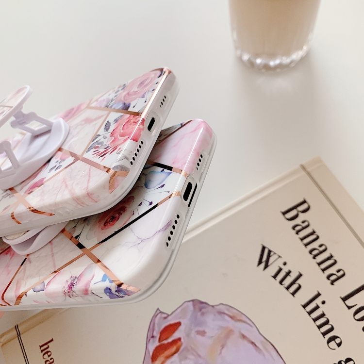 Electroplating Stitching Pattern Soft TPU Protective Case With Folding Holder For iPhone 11(Stitching Blue Flowers) Electroplating Stitching Pattern Soft TPU Protective Case With Folding Holder For iPhone 11(Stitching Blue Flowers)