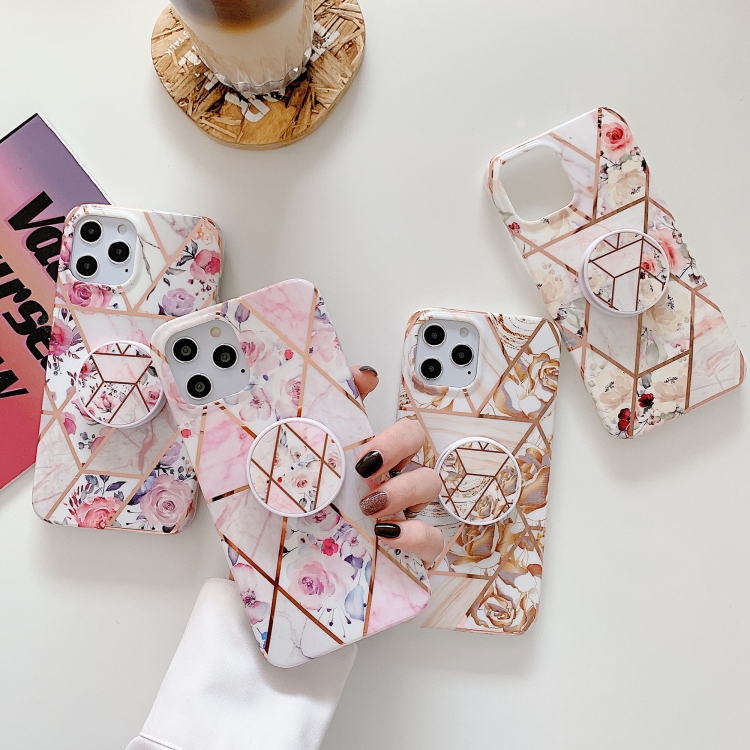 Electroplating Stitching Pattern Soft TPU Protective Case With Folding Holder For iPhone 11(Stitching Blue Flowers) Electroplating Stitching Pattern Soft TPU Protective Case With Folding Holder For iPhone 11(Stitching Blue Flowers)