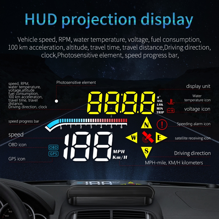 15w Support de charge de téléphone Hud Head-up Display Dual Mode Gps  Speedometer