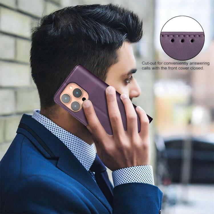 For iPhone 14 Pro Max BINFEN COLOR Calfskin Texture Magnetic RFID Vegan Leather Phone Case(Purple)