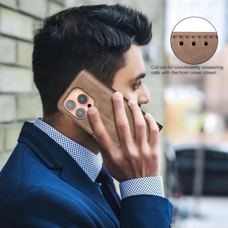 For iPhone 13 Pro Max BINFEN COLOR Calfskin Texture Magnetic RFID Vegan Leather Phone Case(Brown)