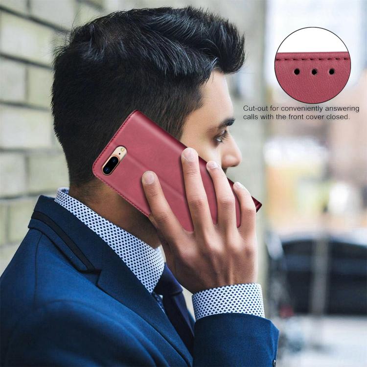 For iPhone 8 Plus/6 Plus/7 Plus BINFEN COLOR Calfskin Texture Magnetic RFID Vegan Leather Phone Case(Red)
