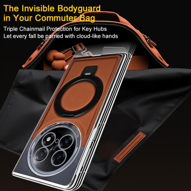 For OPPO Find N5 Foldable Screen Holder Electroplated Vegan Leather Phone Case(Amber Brown)
