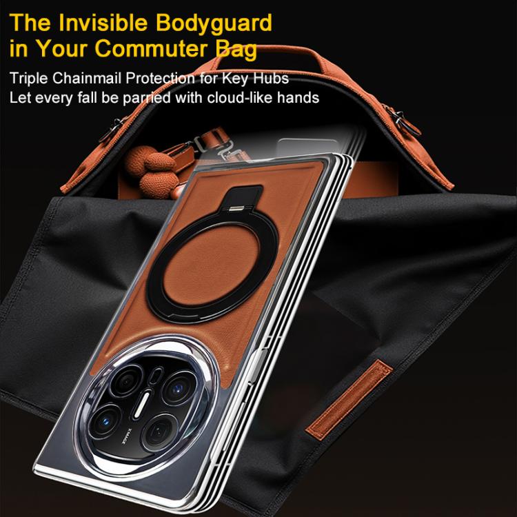 For Huawei Mate X6 Foldable Screen Holder Electroplated Vegan Leather Phone Case(Amber Brown)