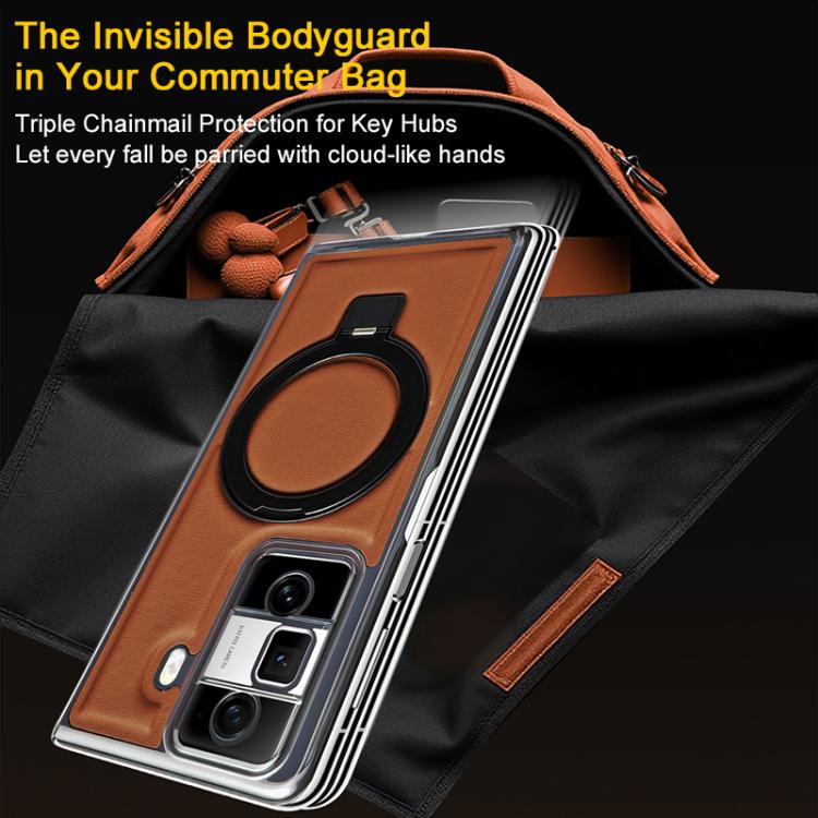 For Honor Magic VS3 Foldable Screen Holder Electroplated Vegan Leather Phone Case(Amber Brown)