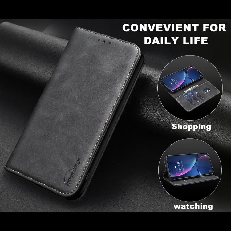For OPPO Reno16 F 5G/Reno16 FS 5G BINFEN COLOR Calfskin Texture Magnetic RFID Vegan Leather Phone Case(Black)