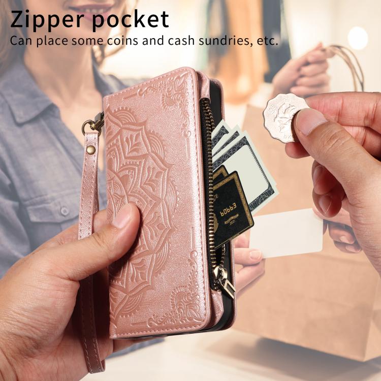 For Samsung Galaxy A57 5G Mandala Embossed 9-Card Zipper RFID Vegan Leather Phone Case with Short Lanyard(Rose Gold)
