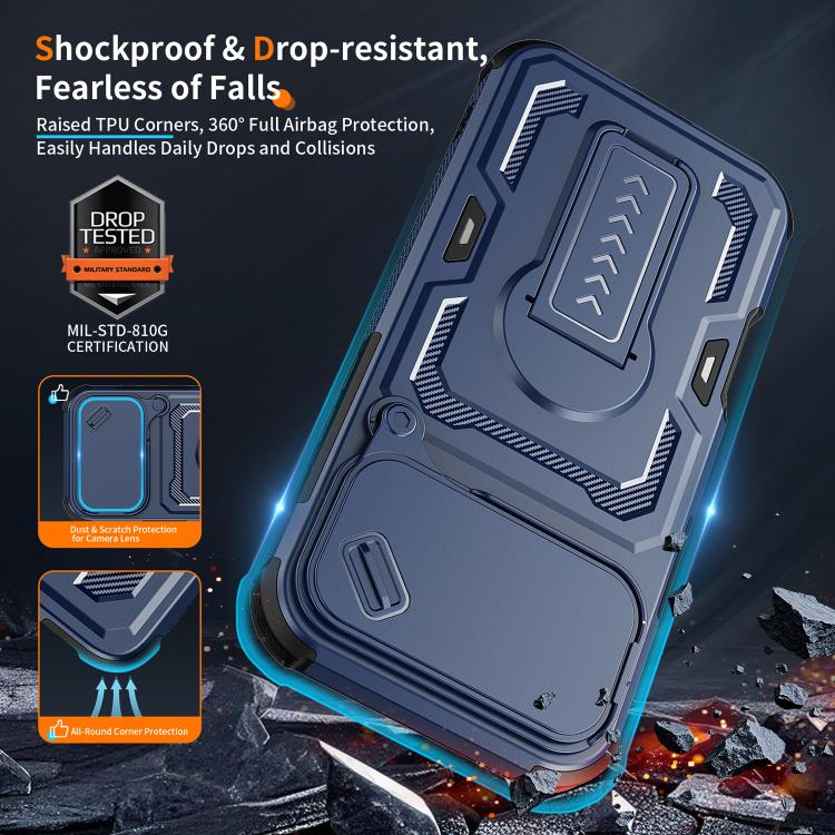 For iPhone 16 Pro Max Slid Camera Shield Invisible Holder PC Hybrid TPU Phone Case(Blue)
