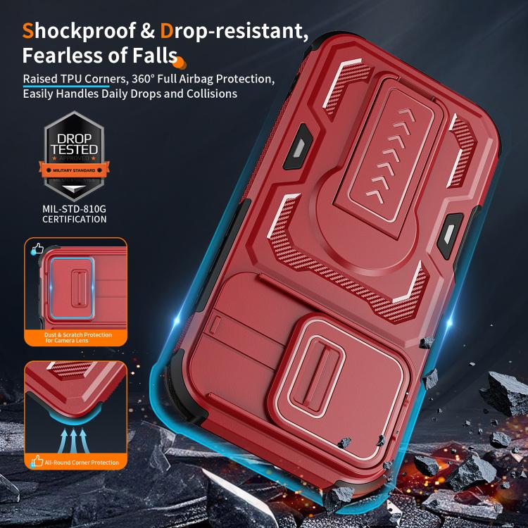 For iPhone 16 Pro Slid Camera Shield Invisible Holder PC Hybrid TPU Phone Case(Red)