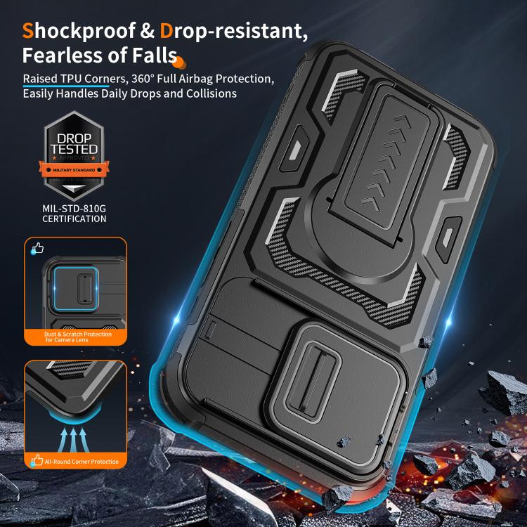 For iPhone 17e / 16e Slid Camera Shield Invisible Holder PC Hybrid TPU Phone Case(Black)