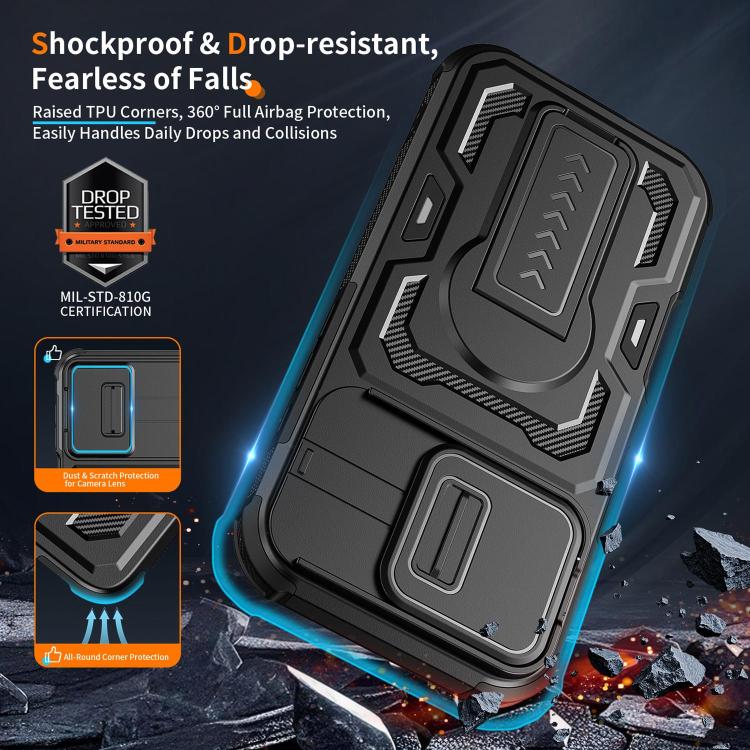For iPhone 18 Slid Camera Shield Invisible Holder PC Hybrid TPU Phone Case(Black)