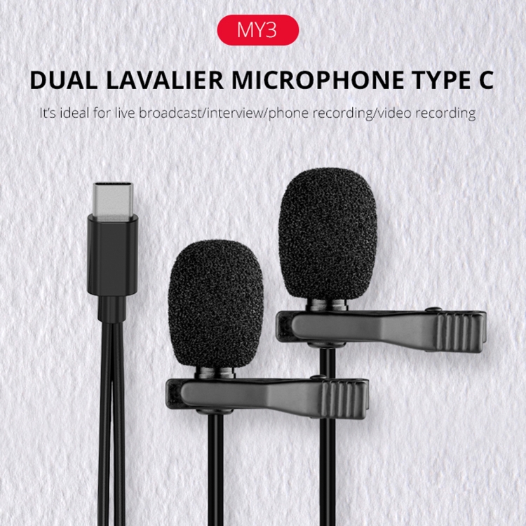 YELANGU MY3 Tipo-C Interfaz Transmisión en vivo Entrevista Teléfono móvil Doble clip Lavalier Micrófono, Longitud: 2.5 m - 3