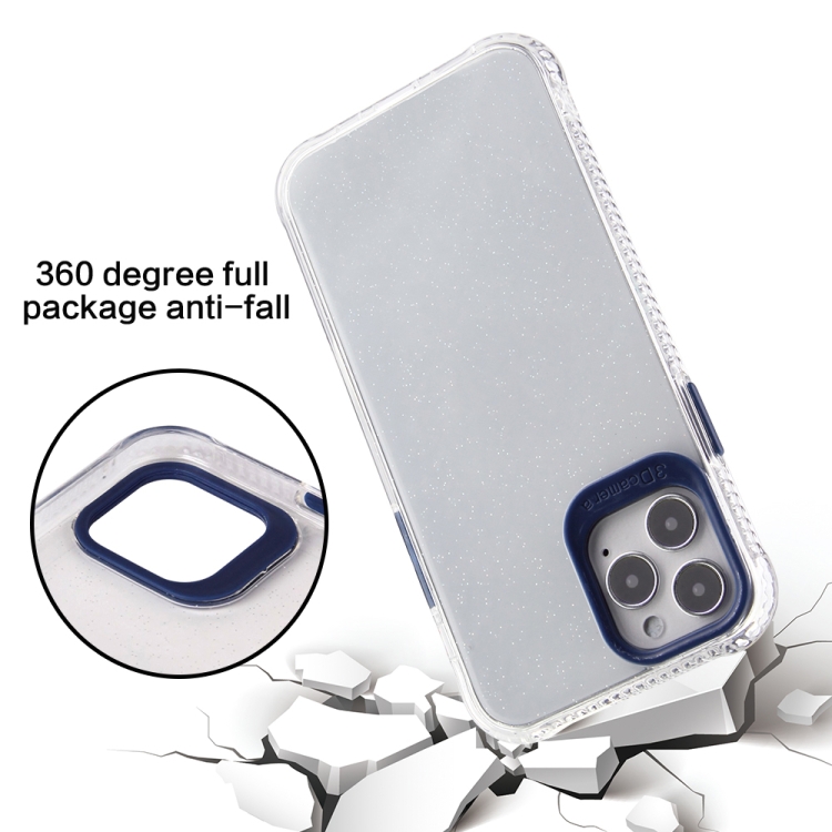 For iPhone 12 mini Transparent Glitter Powder TPU + PC Case with Detachable Buttons (Blue)