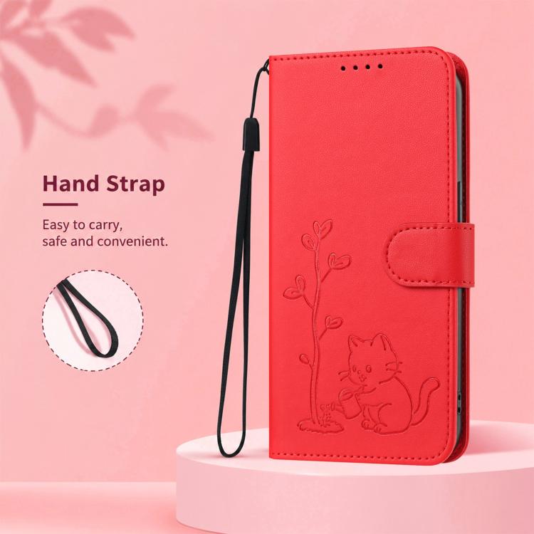 For Redmi K90 Max 5G YX0014 Cat Watering Tree Buckle Vegan Leather Phone Case with Lanyard(Red)