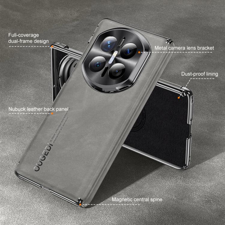For Huawei Mate X7 Electroplated Nubuck PU Dual-Hinge Lens Holder Magnetic Ring Phone Case(Grey)