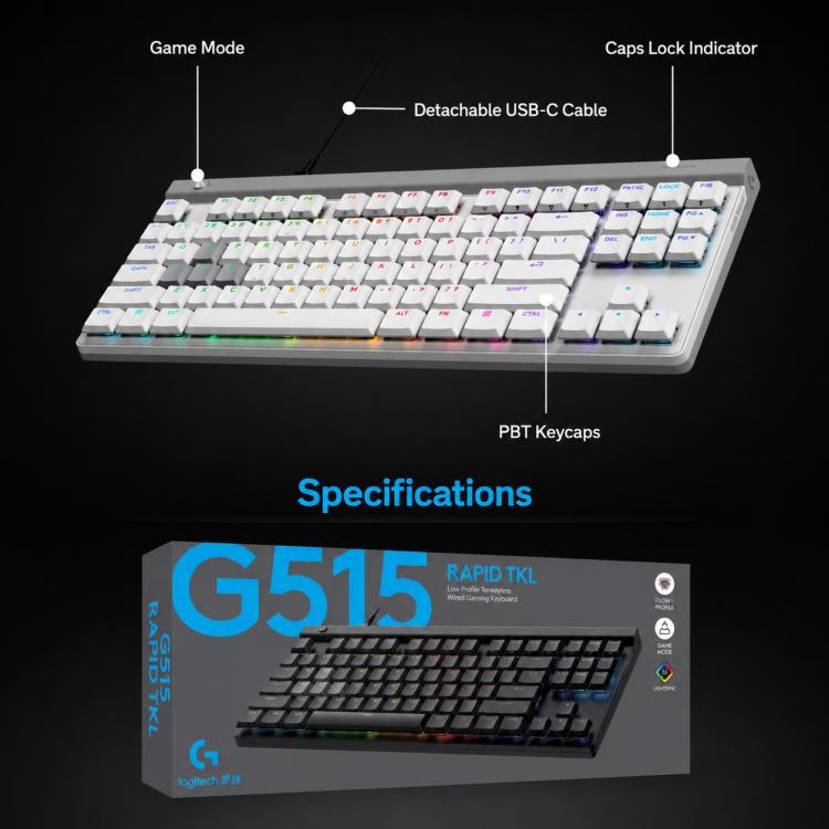 Logitech G515 RAPID TKL Magnetic Switches Wired Gaming Keyboard(White)