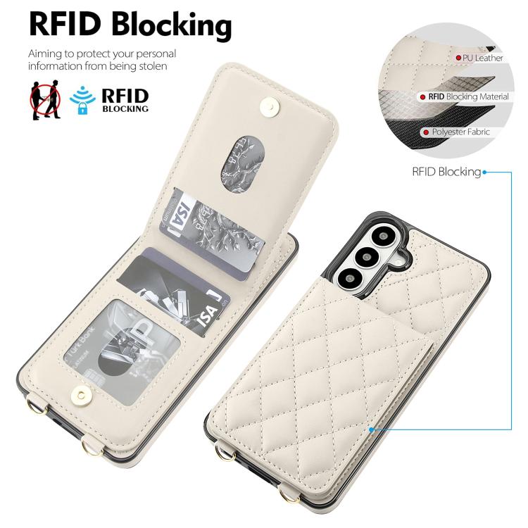 For Galaxy A57 5G Crossbody Rhombic RFID Blocking Card Holder Phone Case(White)