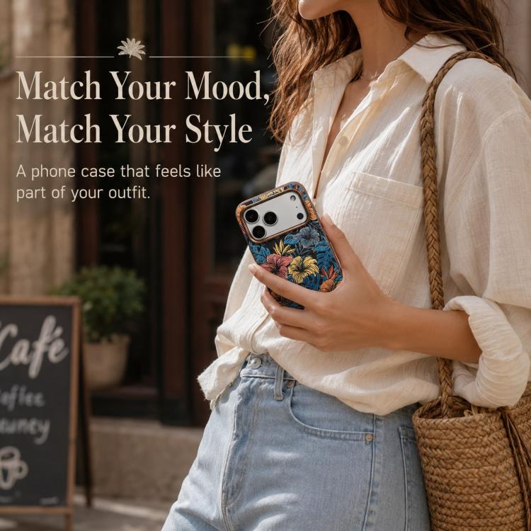 For iPhone 15 Pro Max Denior Vintage Boho Embroidery Style Magnetic Protective Phone Case(Blue)