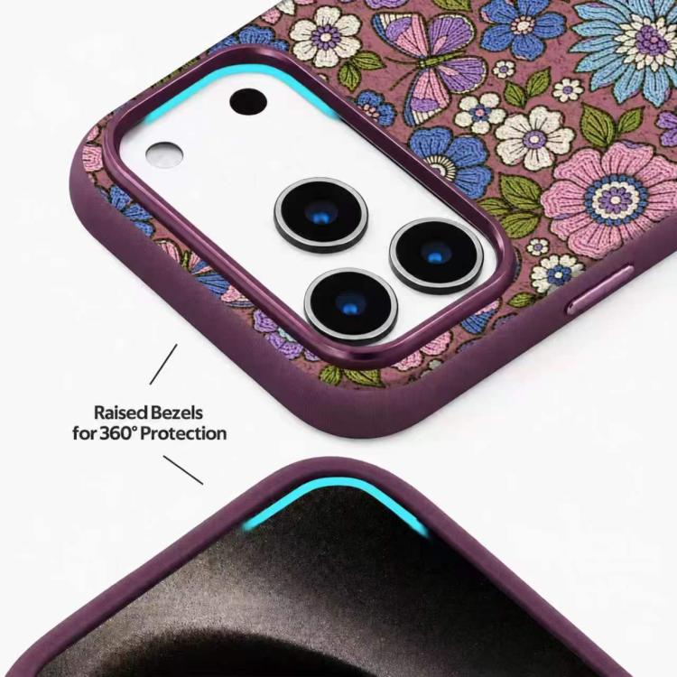 For iPhone 16 Pro Denior Vintage Boho Embroidery Style Magnetic Protective Phone Case(Purple)