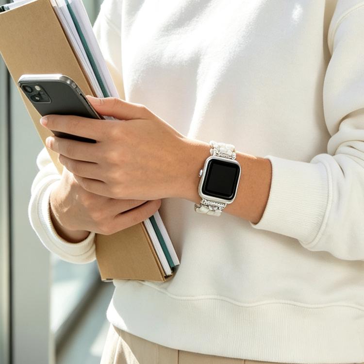 For Apple Watch 46mm / 49mm / 45mm / 44mm D-Shaped Rhinestone Chain Resin Watch Band(Marble White)