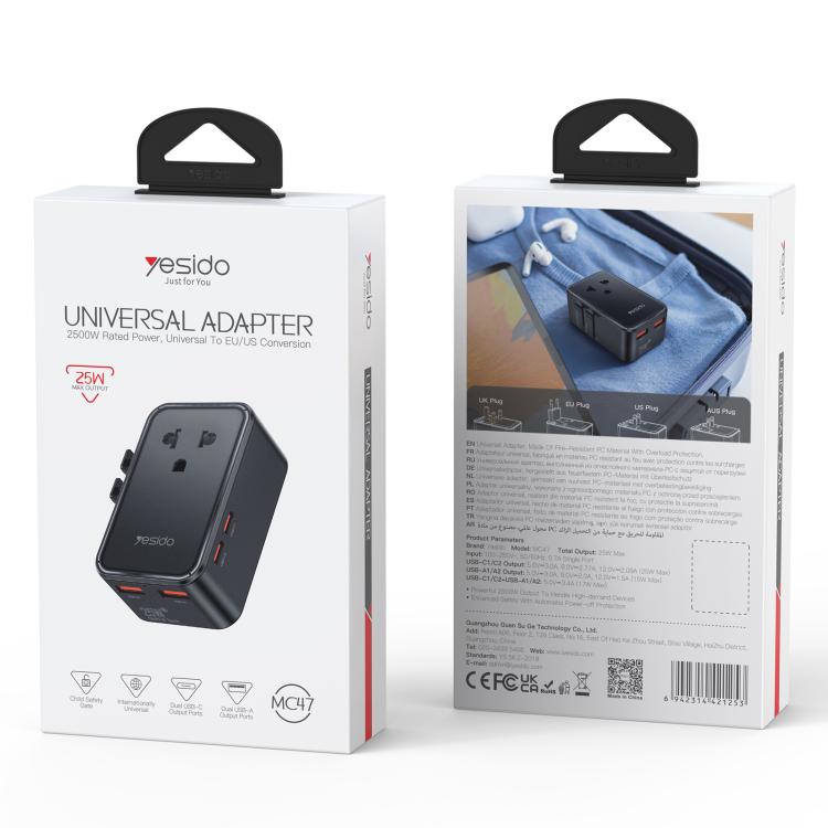 Yesido MC47 4-Port 25W GaN Fast Charger Universal Travel Adapter(Black)