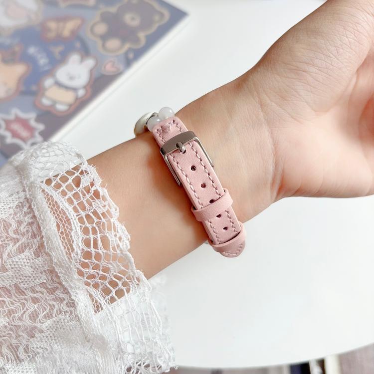 For Apple Watch 46mm / 49mm / 45mm / 44mm Cute Cat Jade Beads Hybrid Vegan Leather Watch Band(Pink)