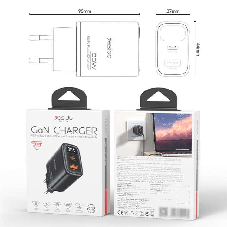 Yesido 30W GaN USB / Type-C Fast Charger with Digital Display, Plug:EU Plug(Black)